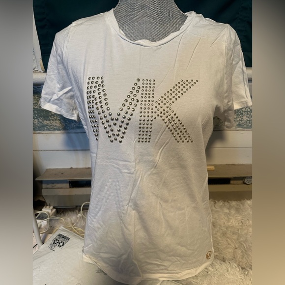 Michael Kors White Tee with Silver Studded Logo - Picture 1 of 6
